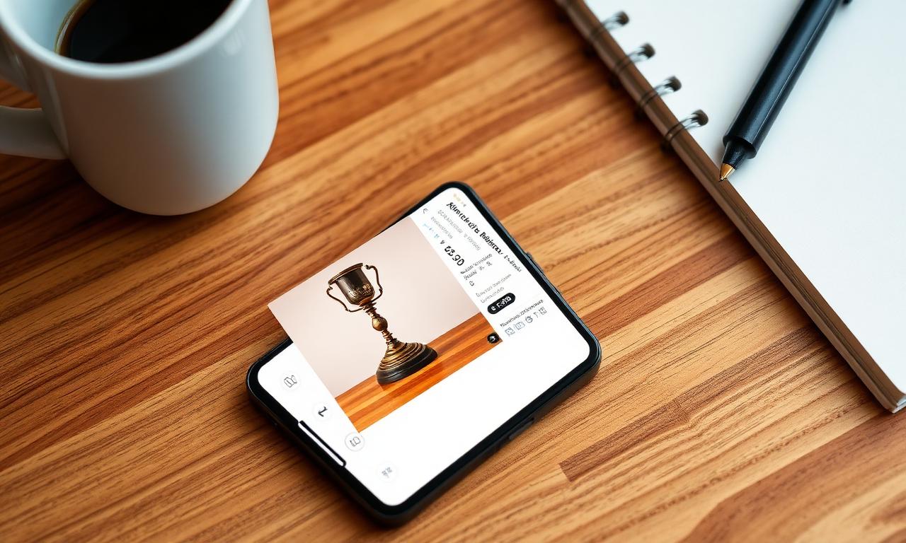 A phone on a wooden desk showing a marketplace listing of an antique trophy beside a coffee mug