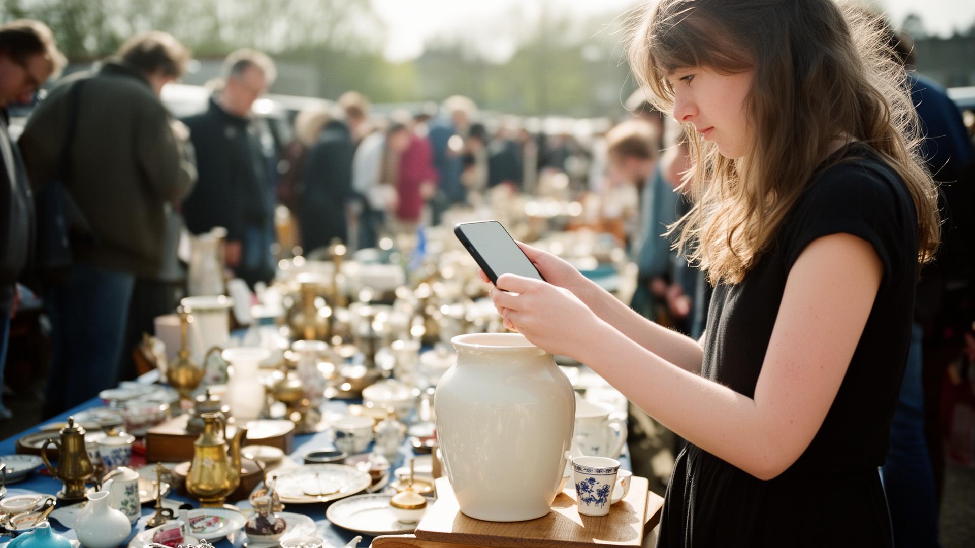 Treasure hunter scanning a curio at a British car boot sale