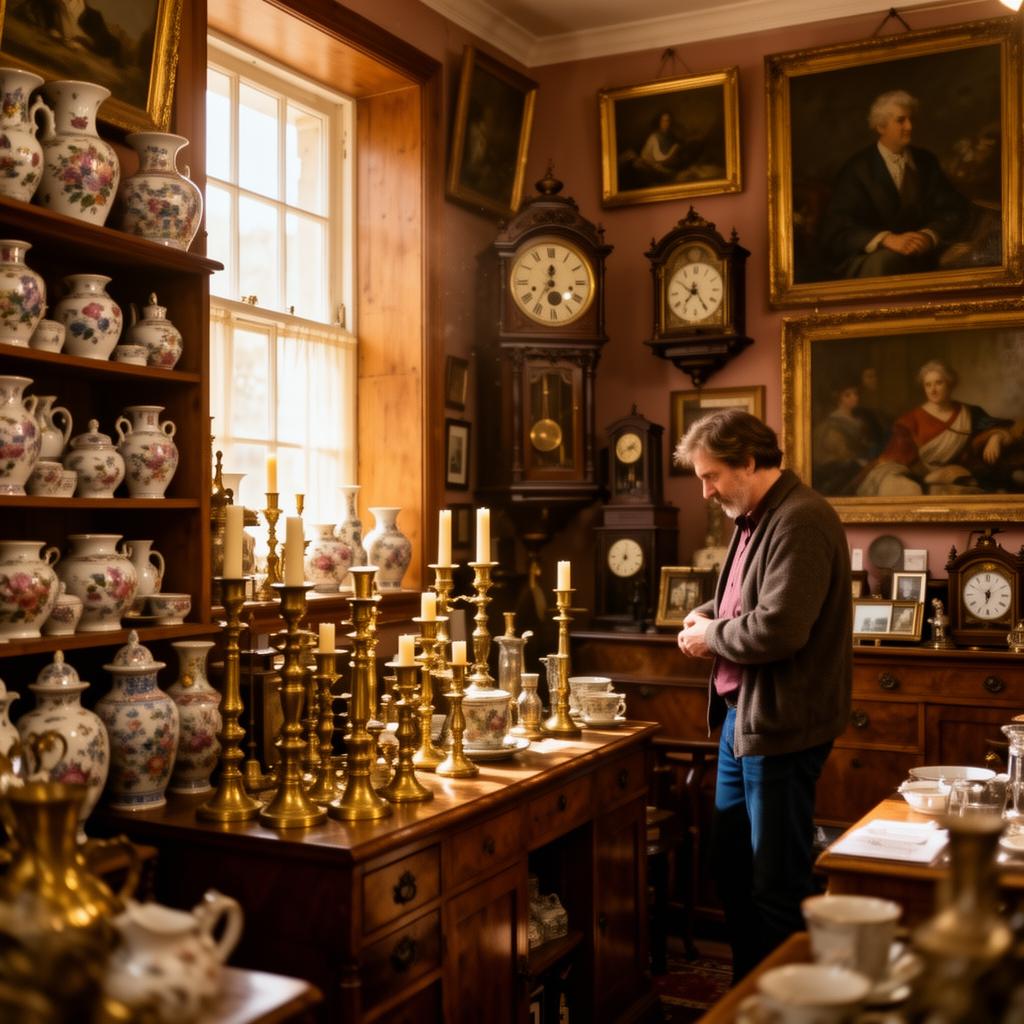 A customer browsing inside a warmly lit traditional British antique shop filled with porcelain, clocks and paintings
