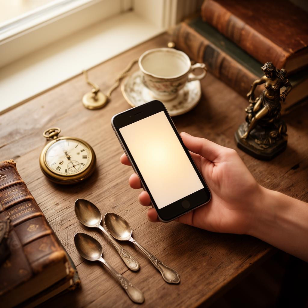A hand holding a smartphone over a wooden table of antiques