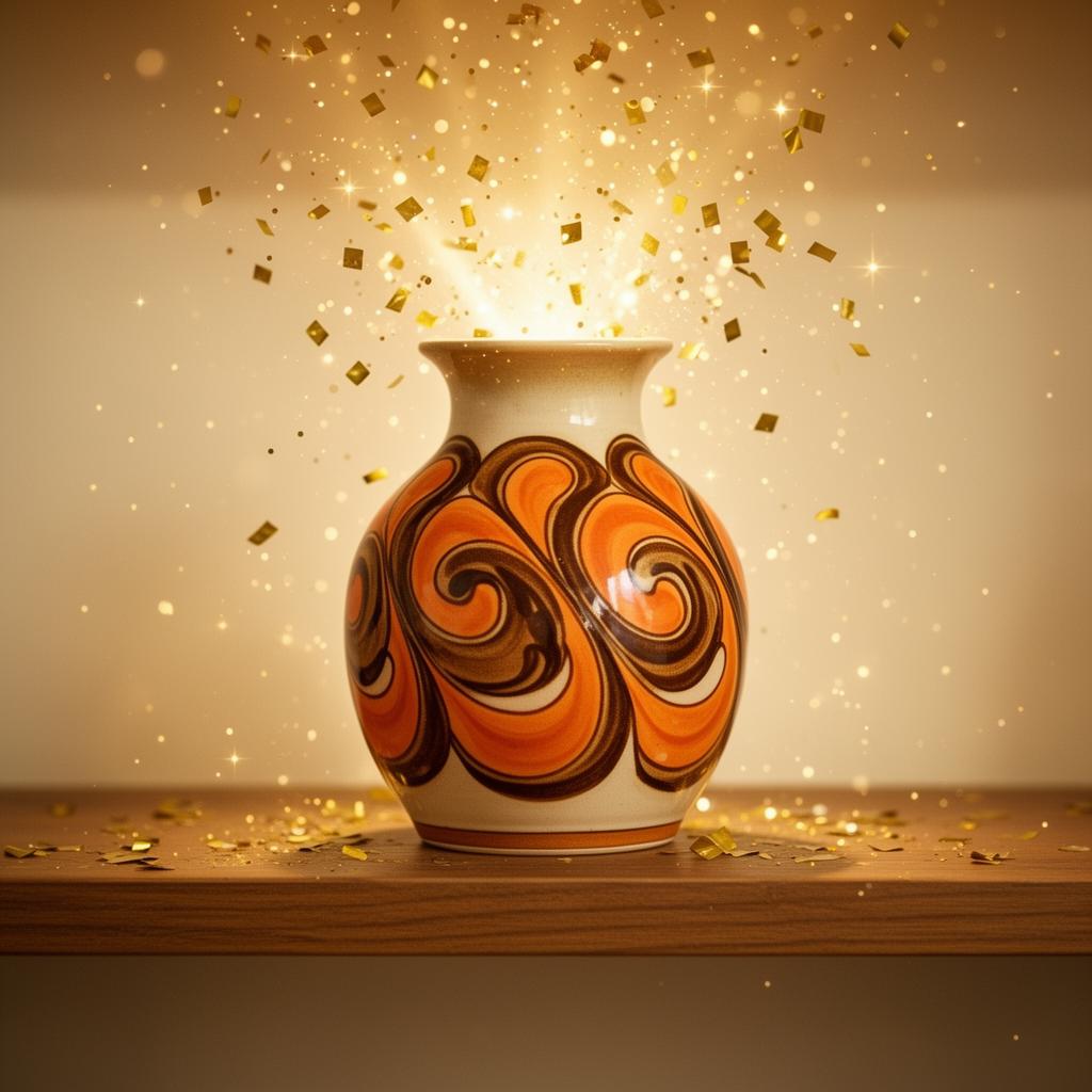 A 1970s Poole Pottery vase surrounded by gold confetti and sparkles