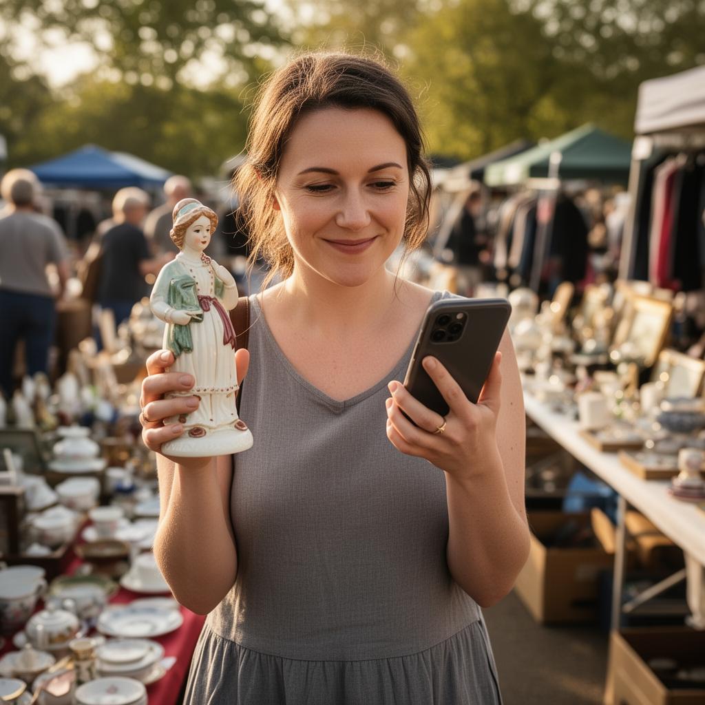 A woman in a charity shop checking her phone before buying a figurine